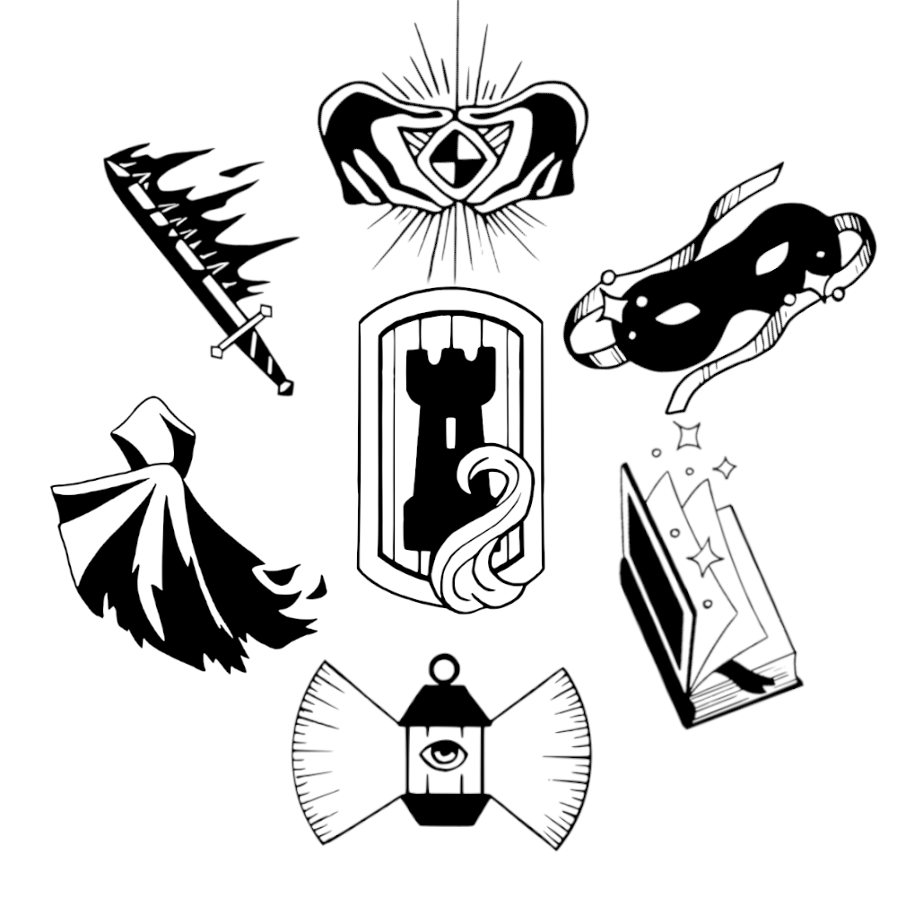 Icons of the seven callings. A flaming sword for Blade, a glowing gemstone clasped by two hands for Heart, a black domino mask for Mask, a shield with a chess rook on it for Tower, a shadowy cloak for Sahdow, a lantern shining with an eye in the center for Watcher, and a magical sparkling book for Quill.